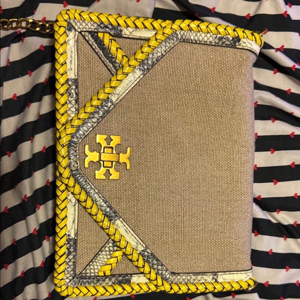Tory Burch Yellow and Beige snakeskin Woven Clutch